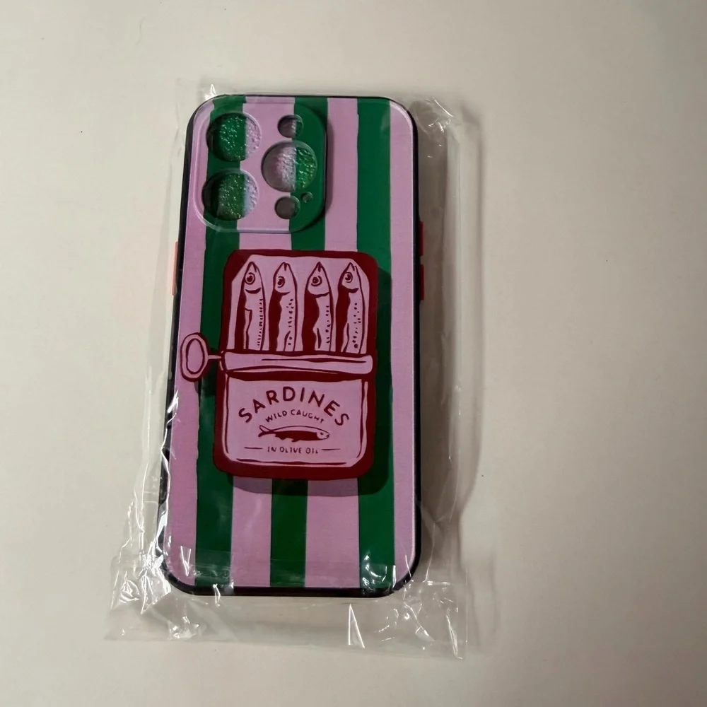 Green Pink Striped Sardine Can iPhone 14 Pro Case Quirky Y2K Pop Art